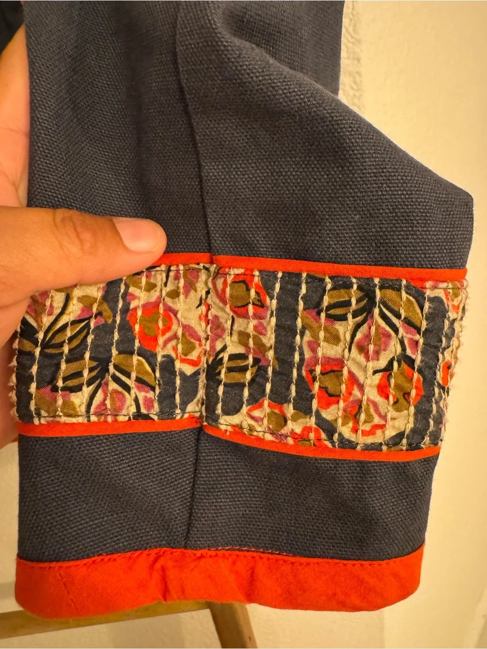 Boden Navy Jacket Orange Trim and Floral Yoke Embroidered Pink Lining Size 8
